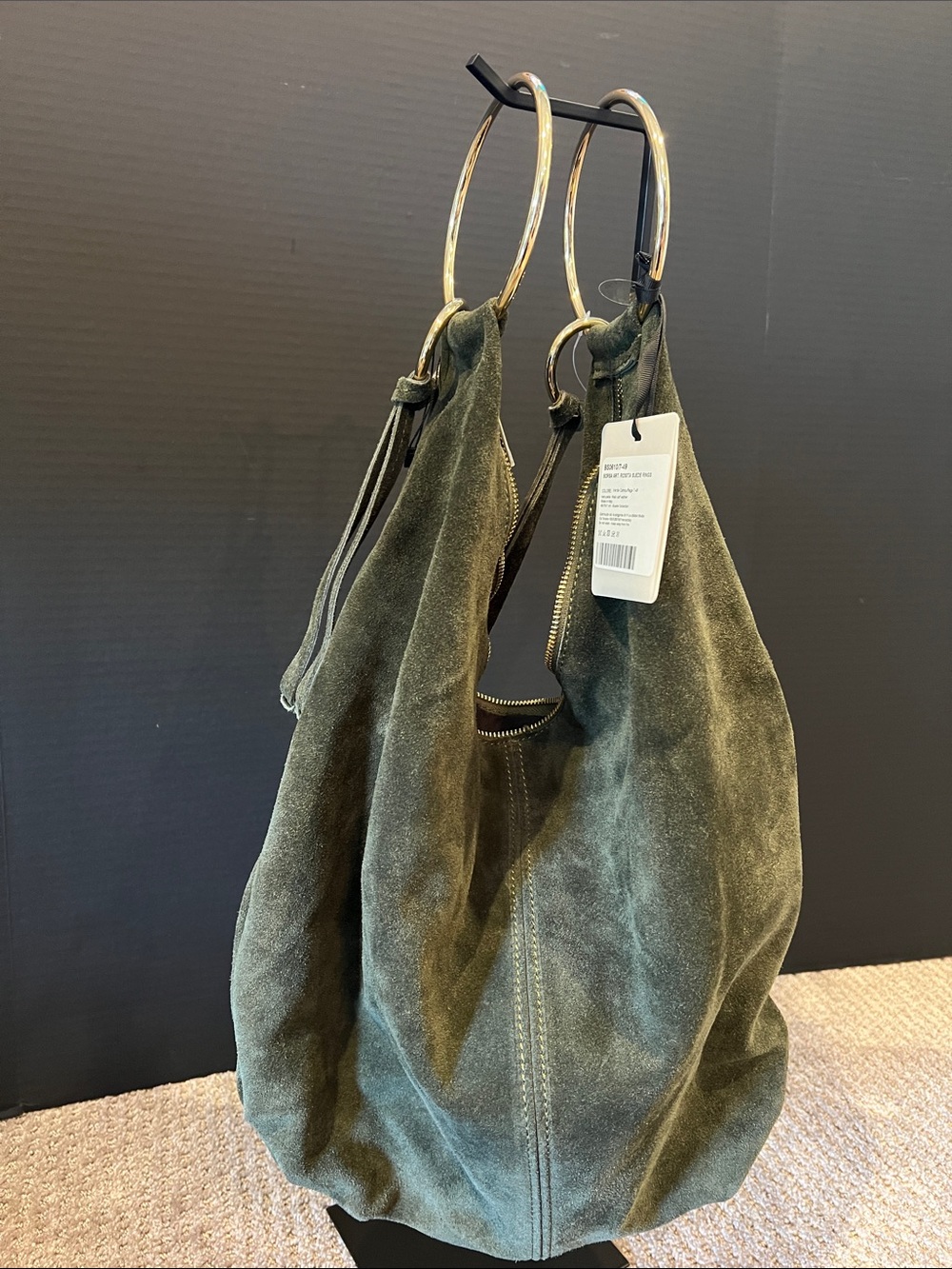 Marlon Olive Green Suede Hobo Bag with Gold Ring Details